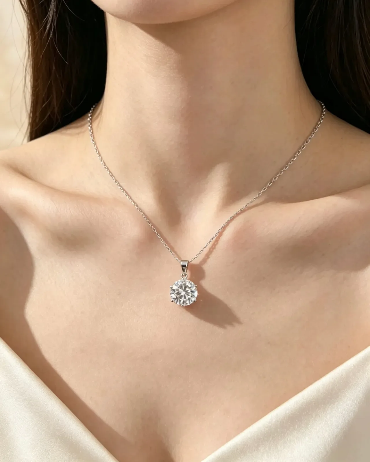 Silver-Tone Round Solitaire Pendant Necklaces 2