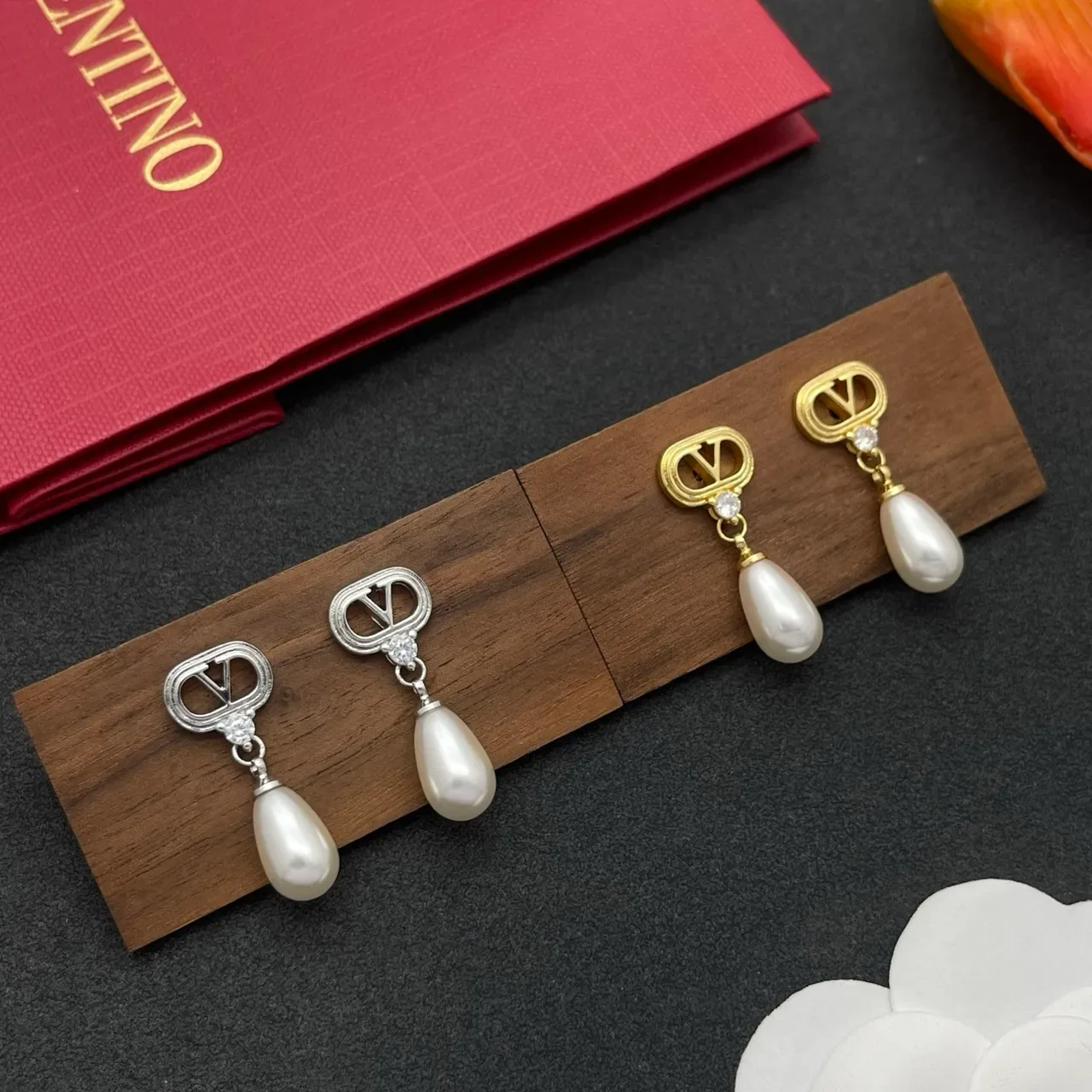Silver-Tone V-Logo Crystal and Teardrop Pearl Drop Earrings 2