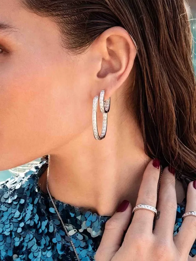 Silver-Toned Channel-Set Rectangular Stone Hoop Earrings 3