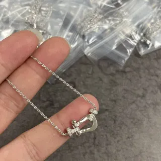 Silver Transparent Shackle-Shaped Pendant Pavé-Set Clear Stones Necklace