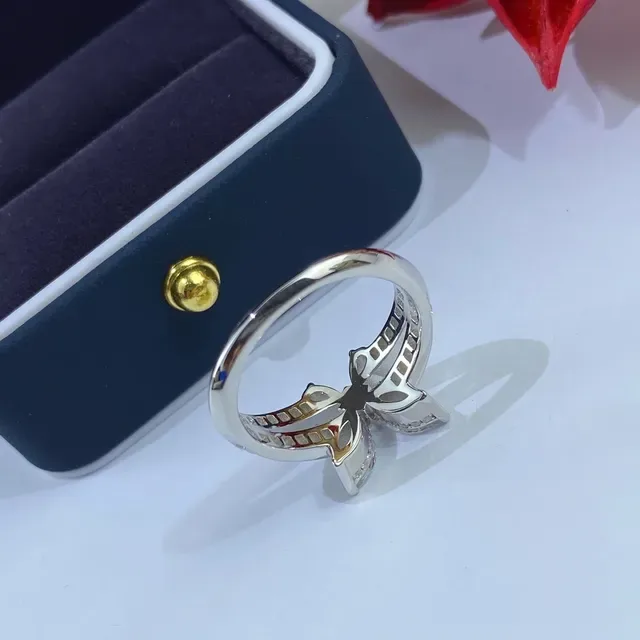 Silver White Floral Motif Marquise-Cut Stones Ring 4