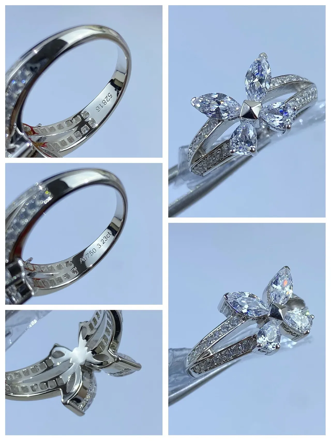 Silver White Floral Motif Marquise-Cut Stones Ring 7