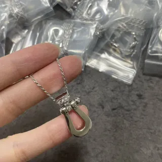 Silver White Shackle-Shaped Pendant Pavé-Set Stones Necklace