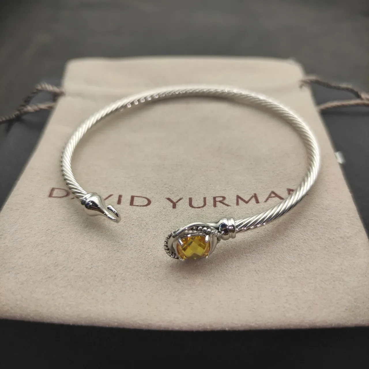 Silver Yellow Cable-Wire Construction Faceted Cushion-Cut Stone Bracelet 8