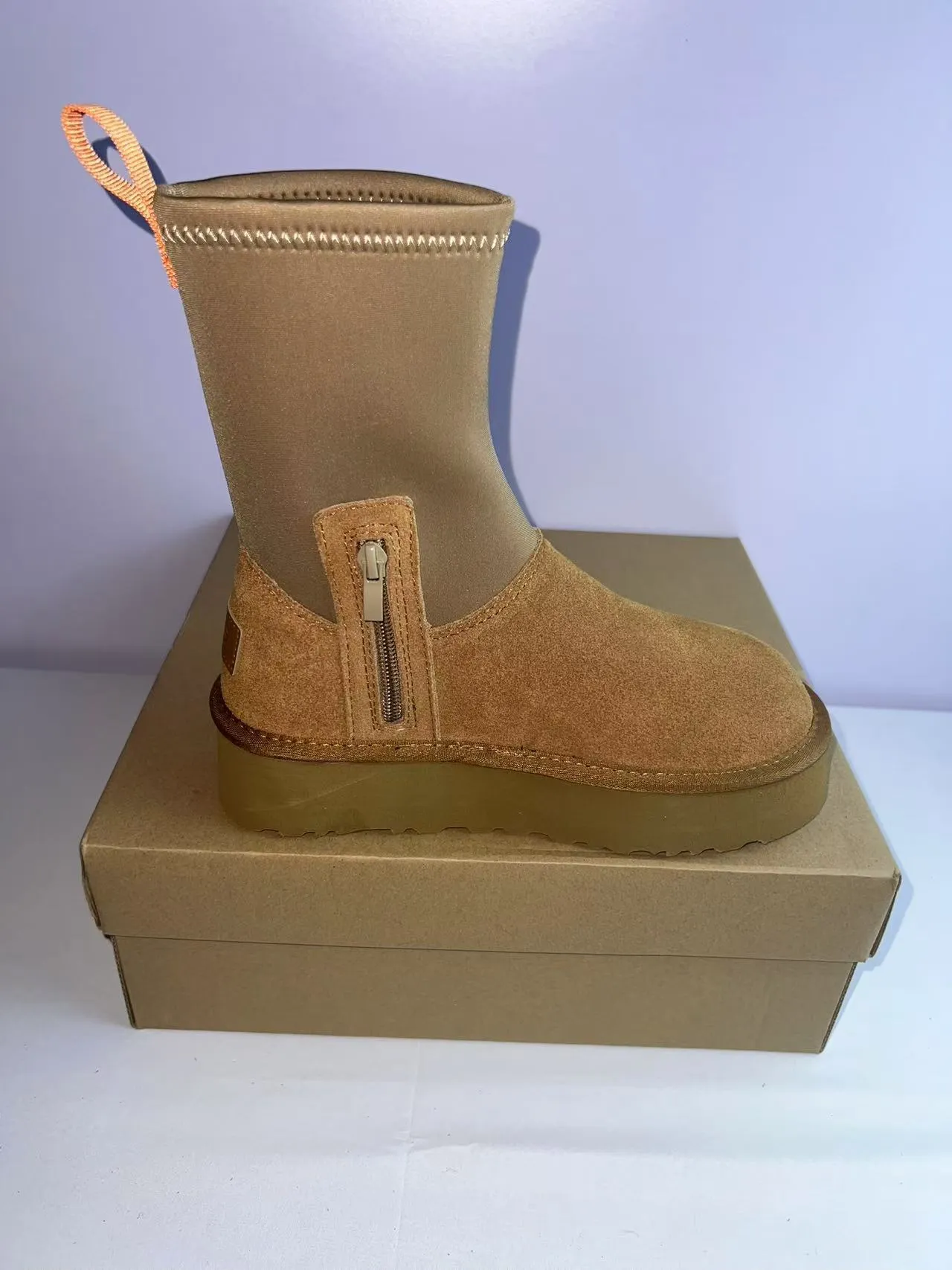 Bottes en daim tan avec shaft élastique et plateforme pour la cheville 4