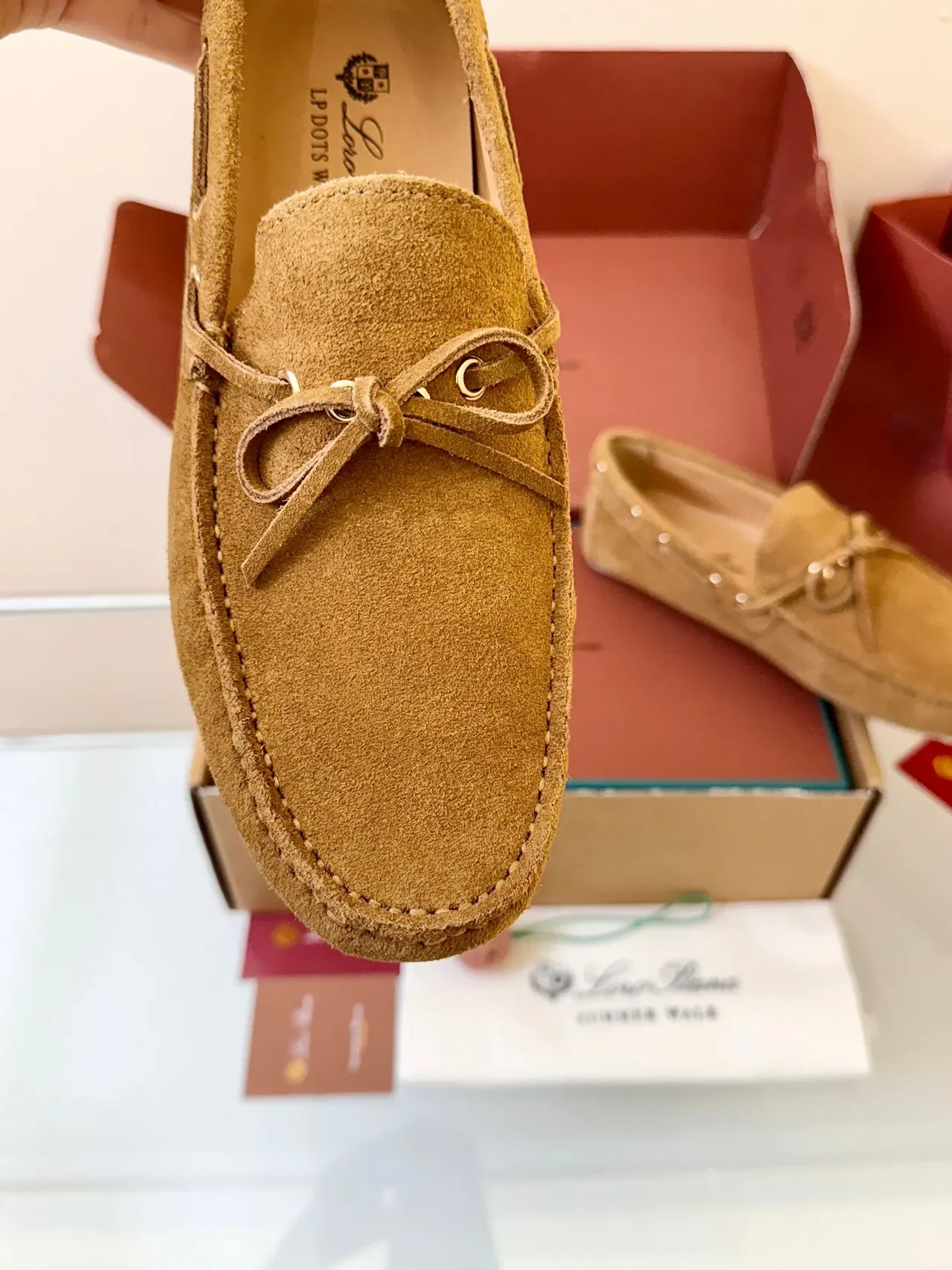 Tan Suede Grommet-Laced Bow Loafers 3