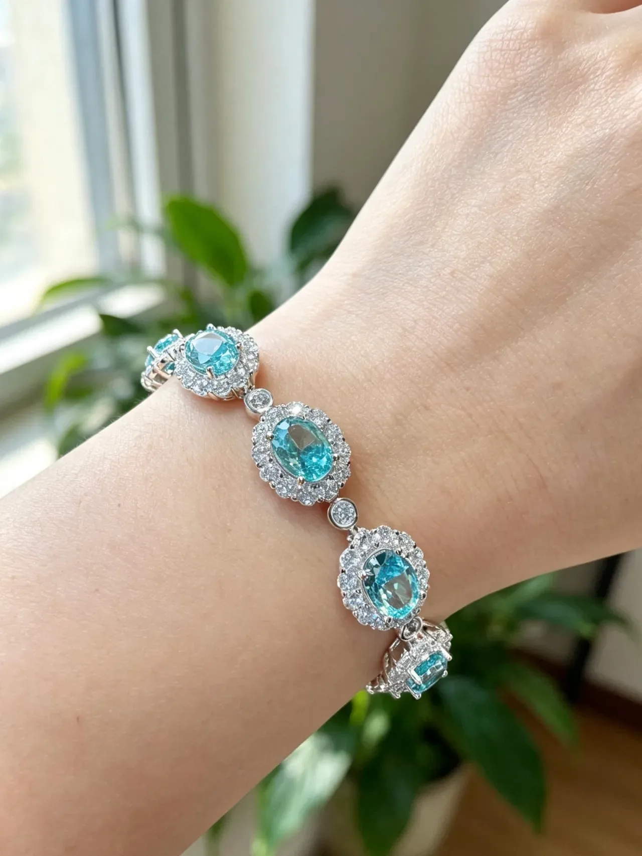 Teal Oval Gemstone Halo Pavé Linked Bracelet 3