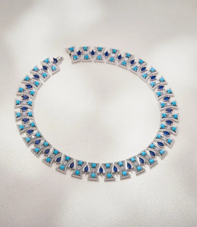 Turquoise and Blue Gemstone Geometric Choker Necklace 2