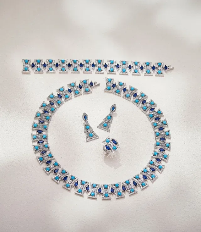 Turquoise and Blue Gemstone Geometric Choker Necklace 4