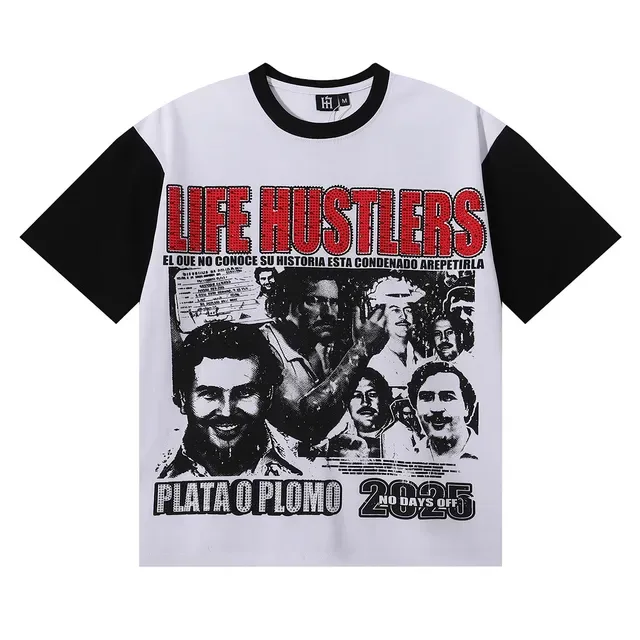 White and Black Contrast-Sleeve Graphic Print T-Shirt 4