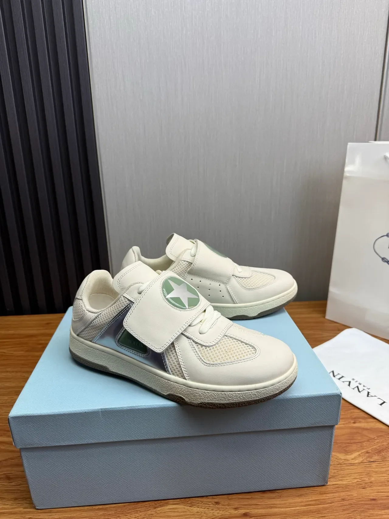 White Green Strap-Closure Mesh-and-Leather Upper Sneakers 3