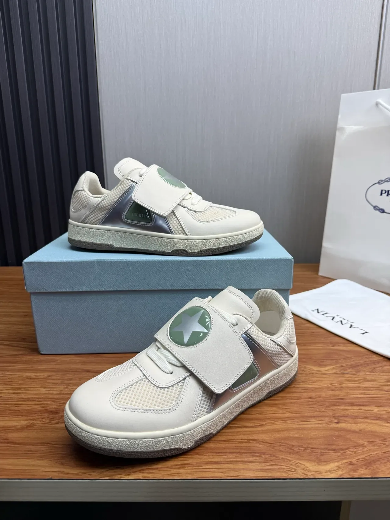 White Green Strap-Closure Mesh-and-Leather Upper Sneakers 4