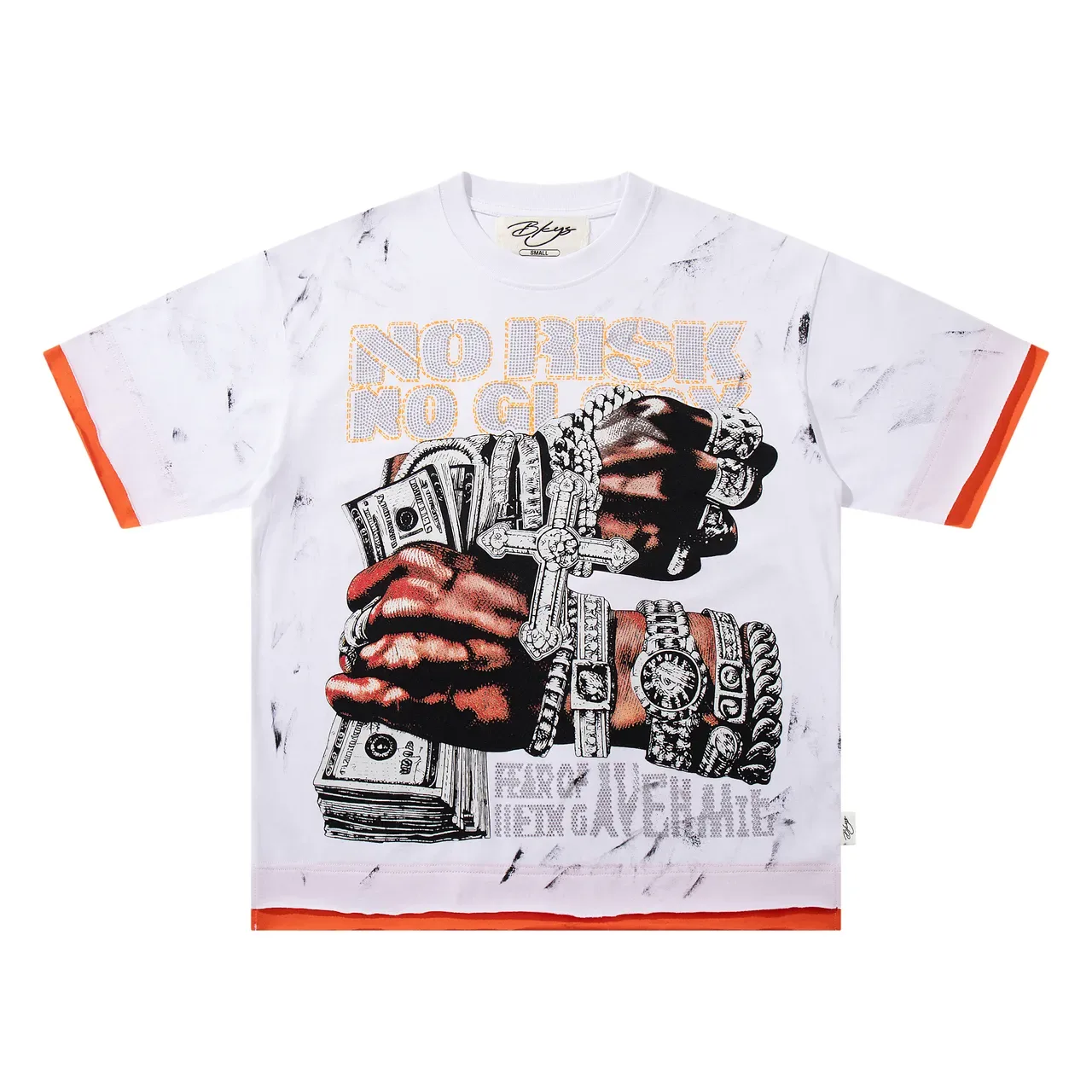 White Orange Distressed Print Contrast Trim T-Shirt 2