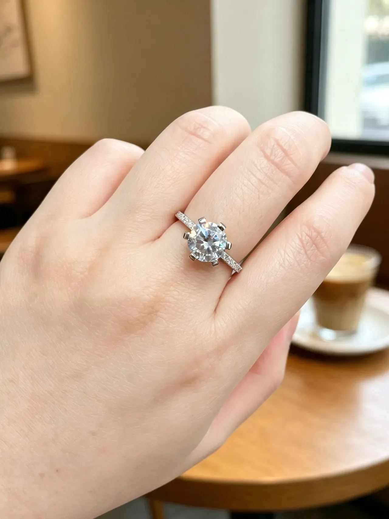 সাদা চাঁদি ছয় প্রং solitaire pave ব্যান্ড আংটি 7