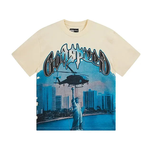T-shirt Godspeed beige bleu imprimé graphique typographie gothique double face 2
