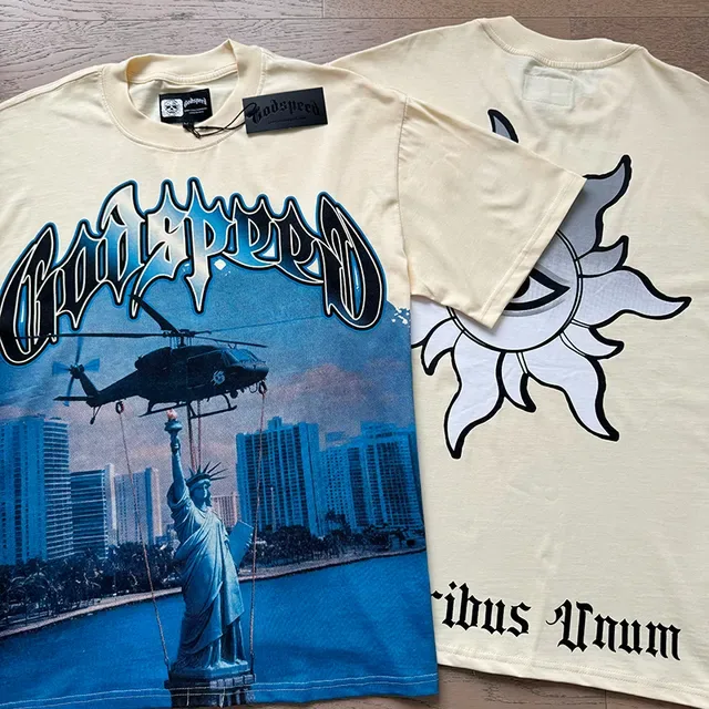 T-shirt Godspeed beige bleu imprimé graphique typographie gothique double face 5