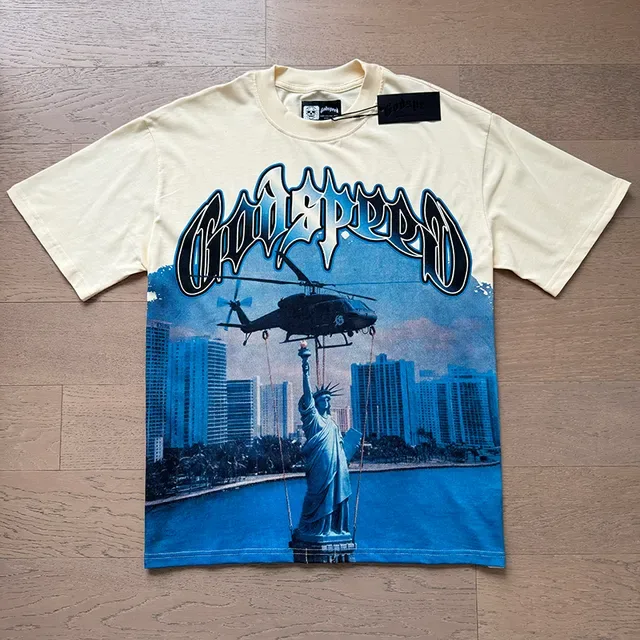 T-shirt Godspeed beige bleu imprimé graphique typographie gothique double face 6
