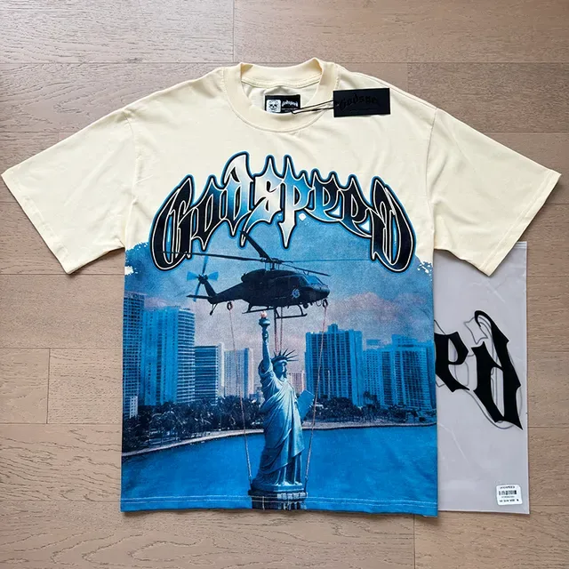 T-shirt Godspeed beige bleu imprimé graphique typographie gothique double face 7