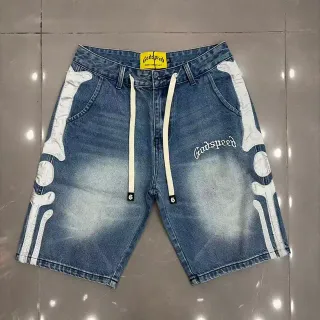 Godspeed Bone Appliqué Drawstring Denim Shorts