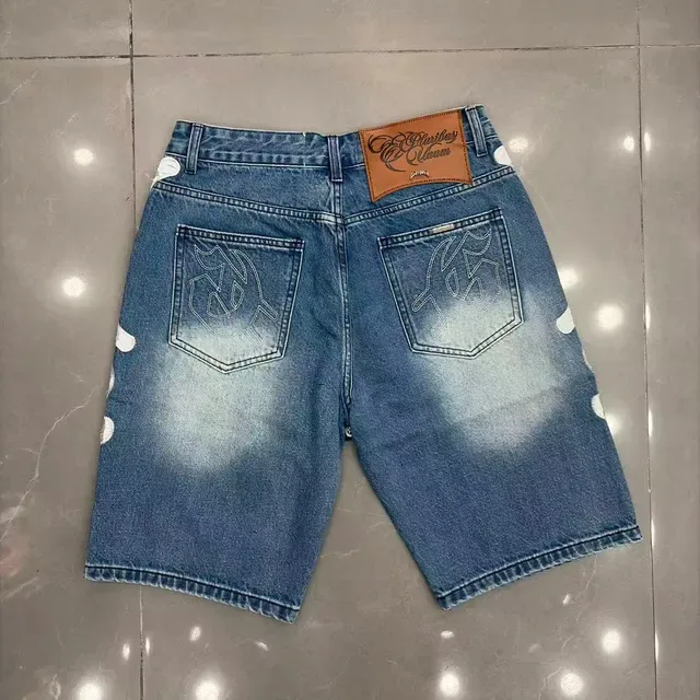Godspeed Bone Appliqué Drawstring Denim Shorts 2