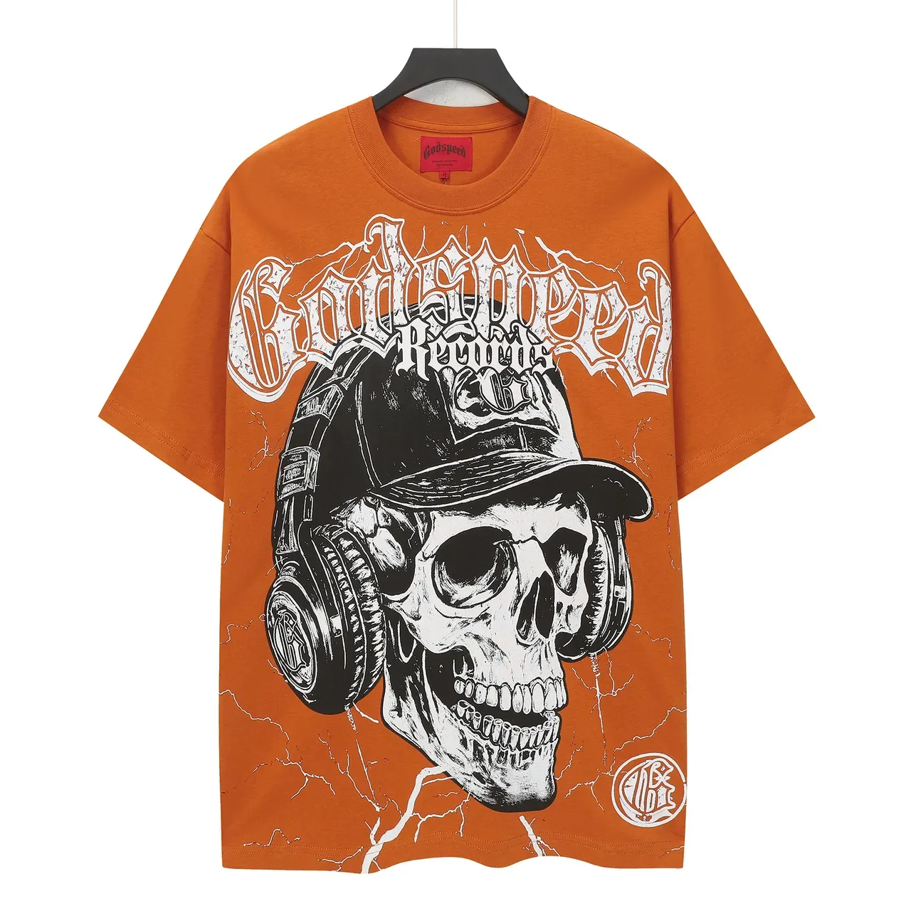 Camiseta laranja com estampa de caveira Godspeed Summer Tour 2025 2