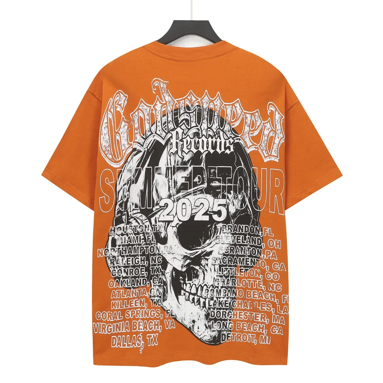 Camiseta laranja com estampa de caveira Godspeed Summer Tour 2025 3