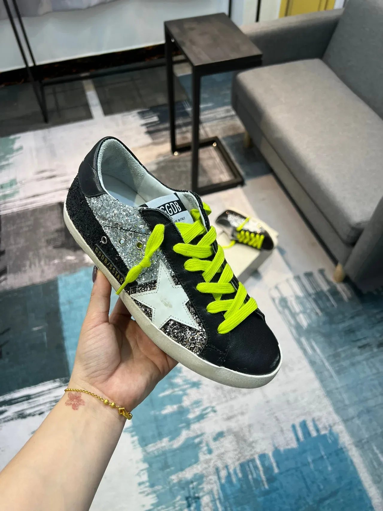 Golden Goose Superstar Black Silver Glitter Neon Yellow Lace-Up Lifestyle Sneakers 6