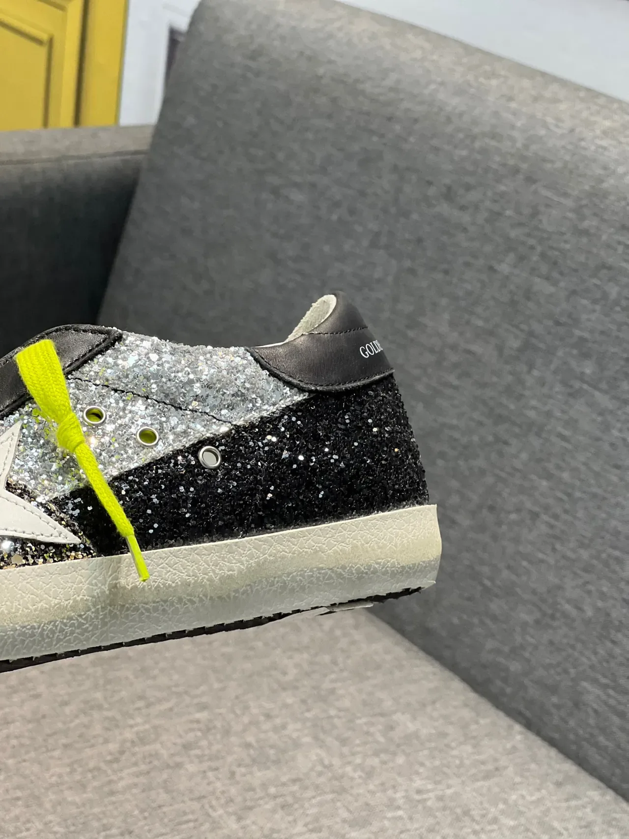 Golden Goose Superstar Black Silver Glitter Neon Yellow Lace-Up Lifestyle Sneakers 8