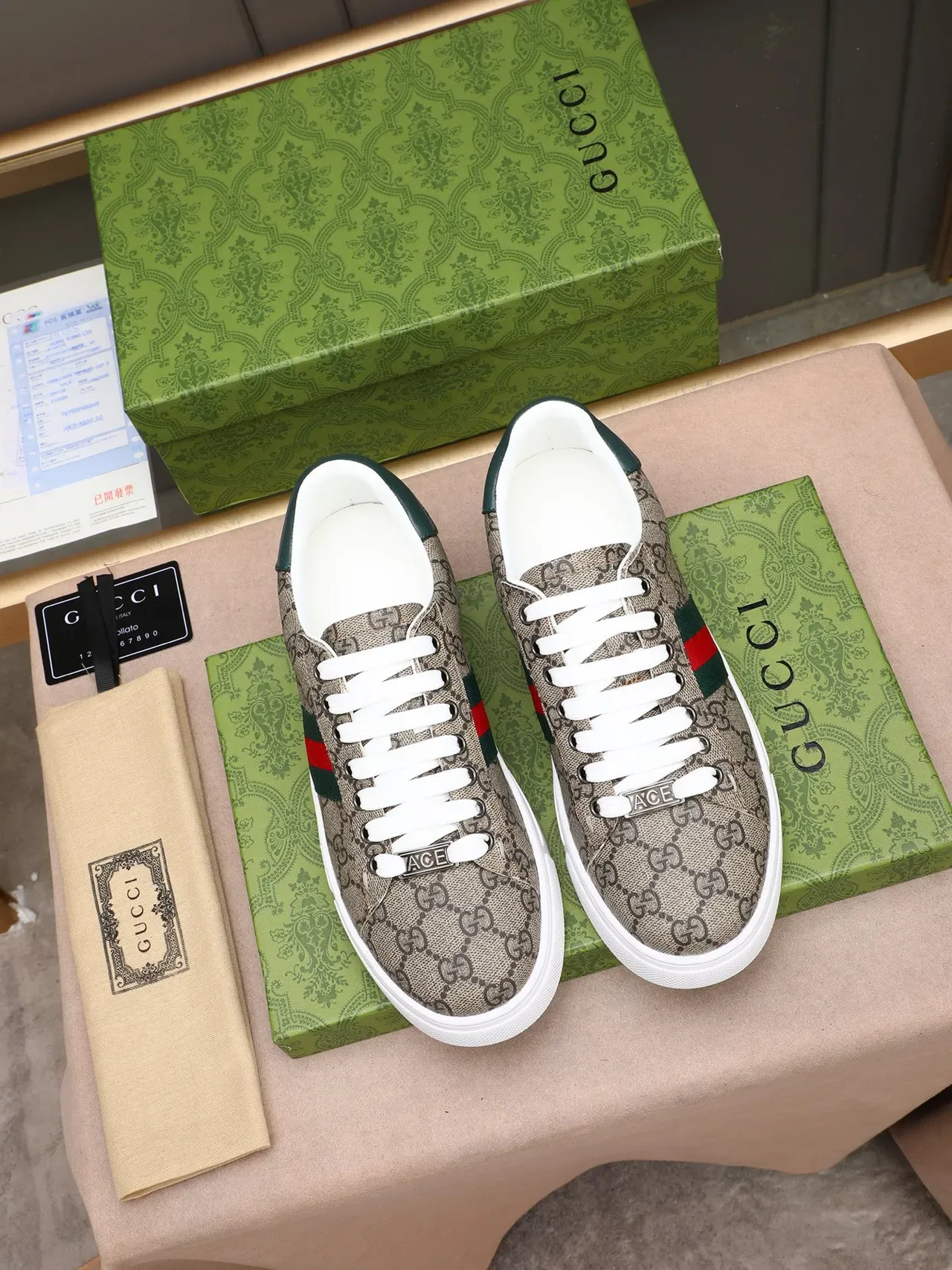 Gucci Ace GG Monogram Web Stripe Beige Lifestyle Sneakers 2