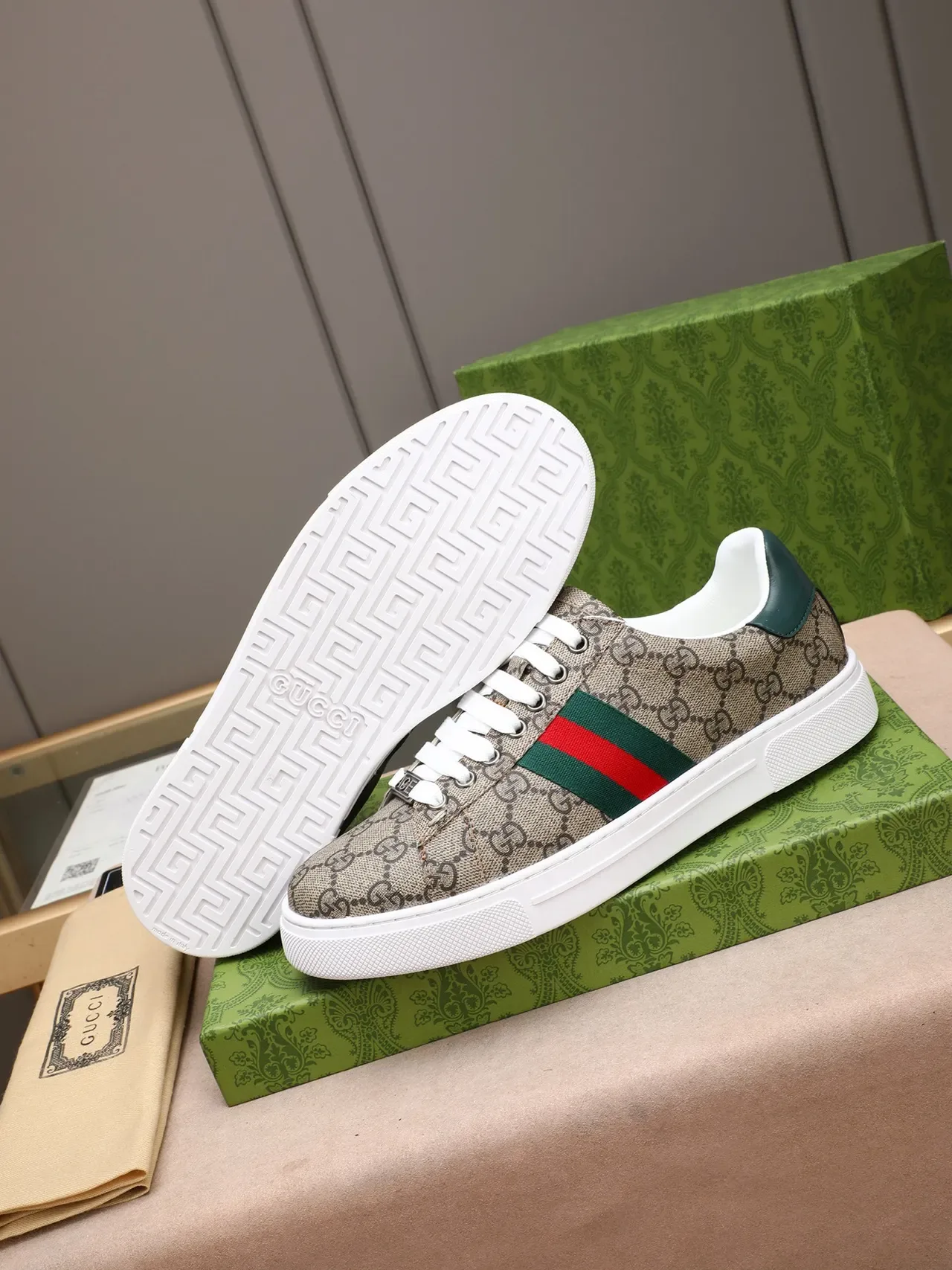 Gucci Ace GG Monogram Web Stripe Beige Lifestyle Sneakers 4