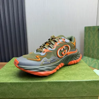 Gucci Army Green Orange Sculpted Wavy Sole Knit Upper Chunky Sneakers
