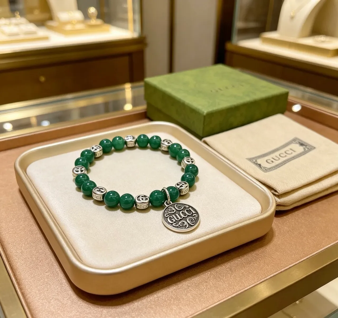 Gucci Pulseira com Contas de Pedras Verdes e Pingente Prateado 7