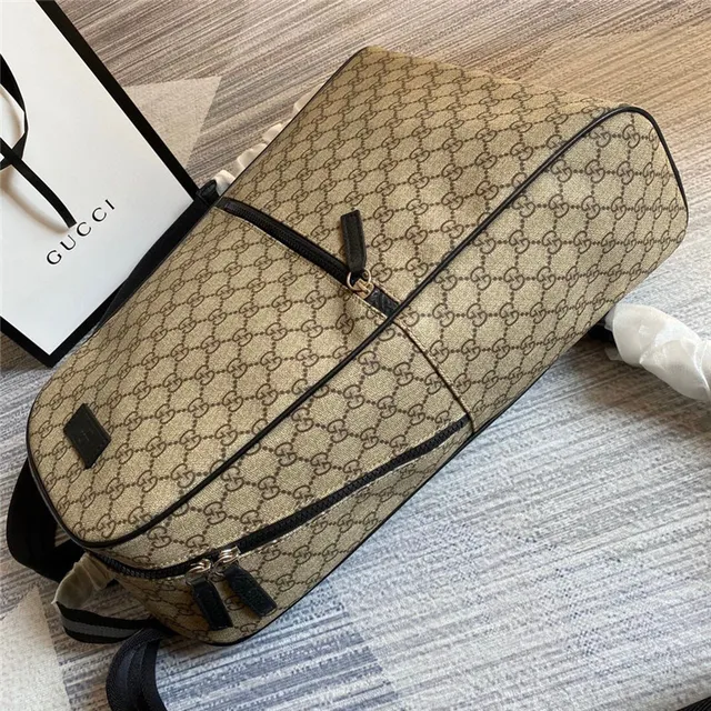 Gucci Beige Black GG Monogram Canvas Leather Trim Casual Backpack 15