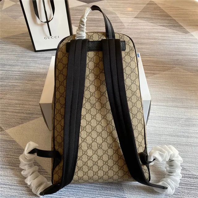 Gucci Beige Black GG Monogram Canvas Leather Trim Casual Backpack 18
