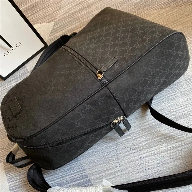 Gucci Beige Black GG Monogram Canvas Leather Trim Casual Backpack 23