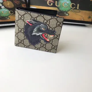 Gucci Beige Black GG Supreme Canvas Embroidered Wolf Head Short Wallet