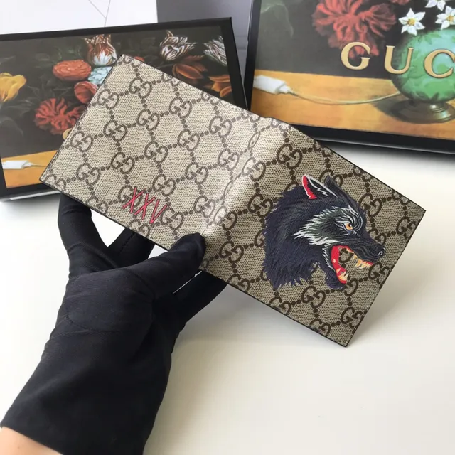 Gucci बेज काला GG Supreme Canvas इंब्रॉइडरी भेड़िये का सिर छोटा बटुआ 5
