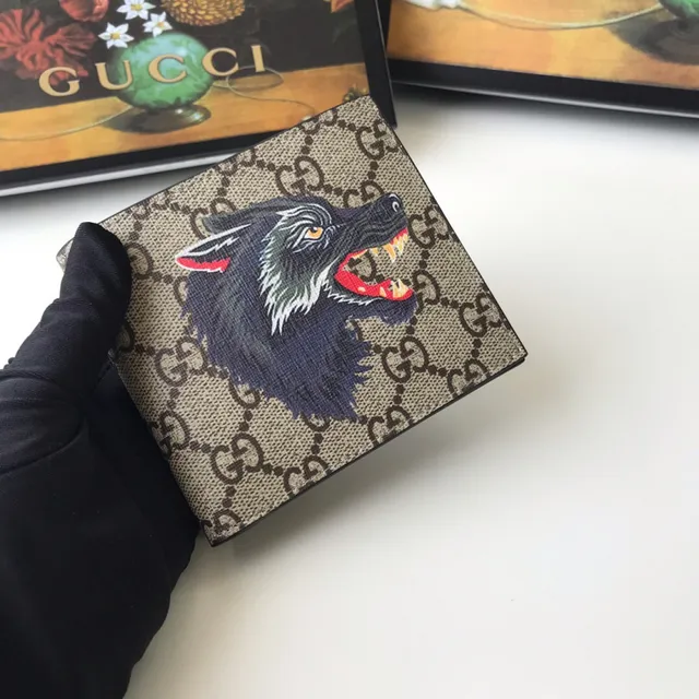 Gucci बेज काला GG Supreme Canvas इंब्रॉइडरी भेड़िये का सिर छोटा बटुआ 8