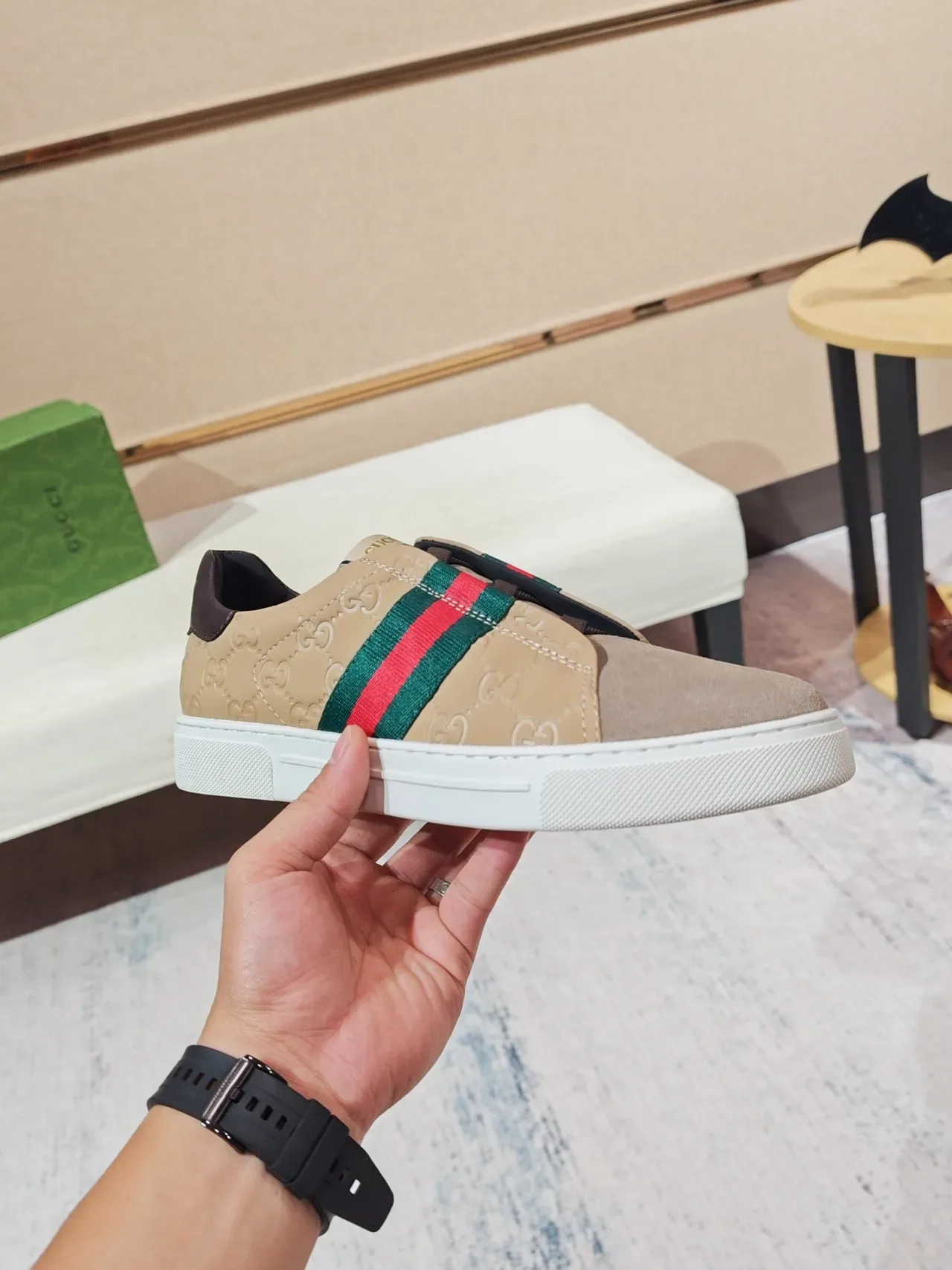 Gucci Beige Brown Slip-On Quilted GG Leather Lifestyle Sneakers 4