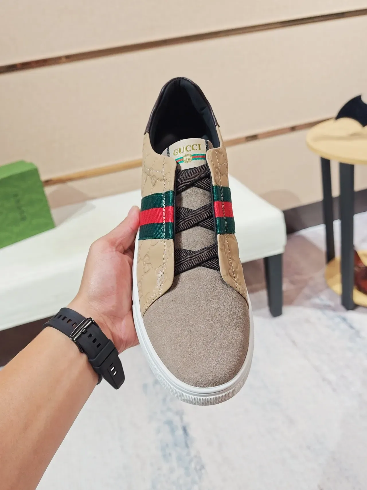 Gucci Beige Brown Slip-On Quilted GG Leather Lifestyle Sneakers 5