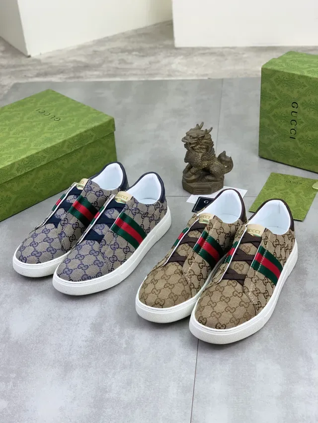 Gucci Beige Navy GG Monogram Canvas Web Stripe Accent Lifestyle Sneakers 2