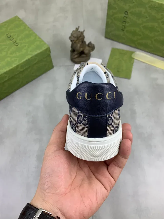 Gucci Beige Navy GG Monogram Canvas Web Stripe Accent Lifestyle Sneakers 4