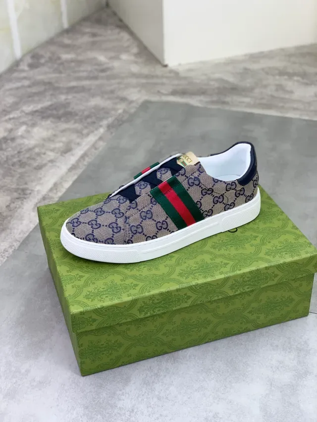 Gucci Beige Navy GG Monogram Canvas Web Stripe Accent Lifestyle Sneakers 5