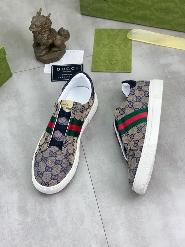 Gucci Beige Navy GG Monogram Canvas Web Stripe Accent Lifestyle Sneakers 6