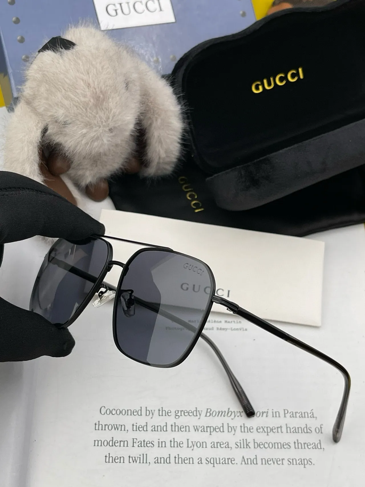 Gucci Black Gray Rectangular Aviator Silhouette Thin Metal Frame Sunglasses 8