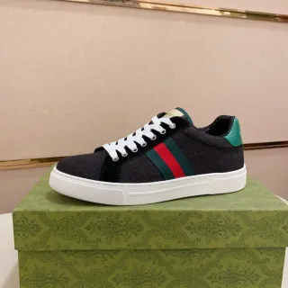 Gucci أسود أخضر حذاء رياضي منخفض الارتفاع أعلى نسيج الدينيم نمط الحياة