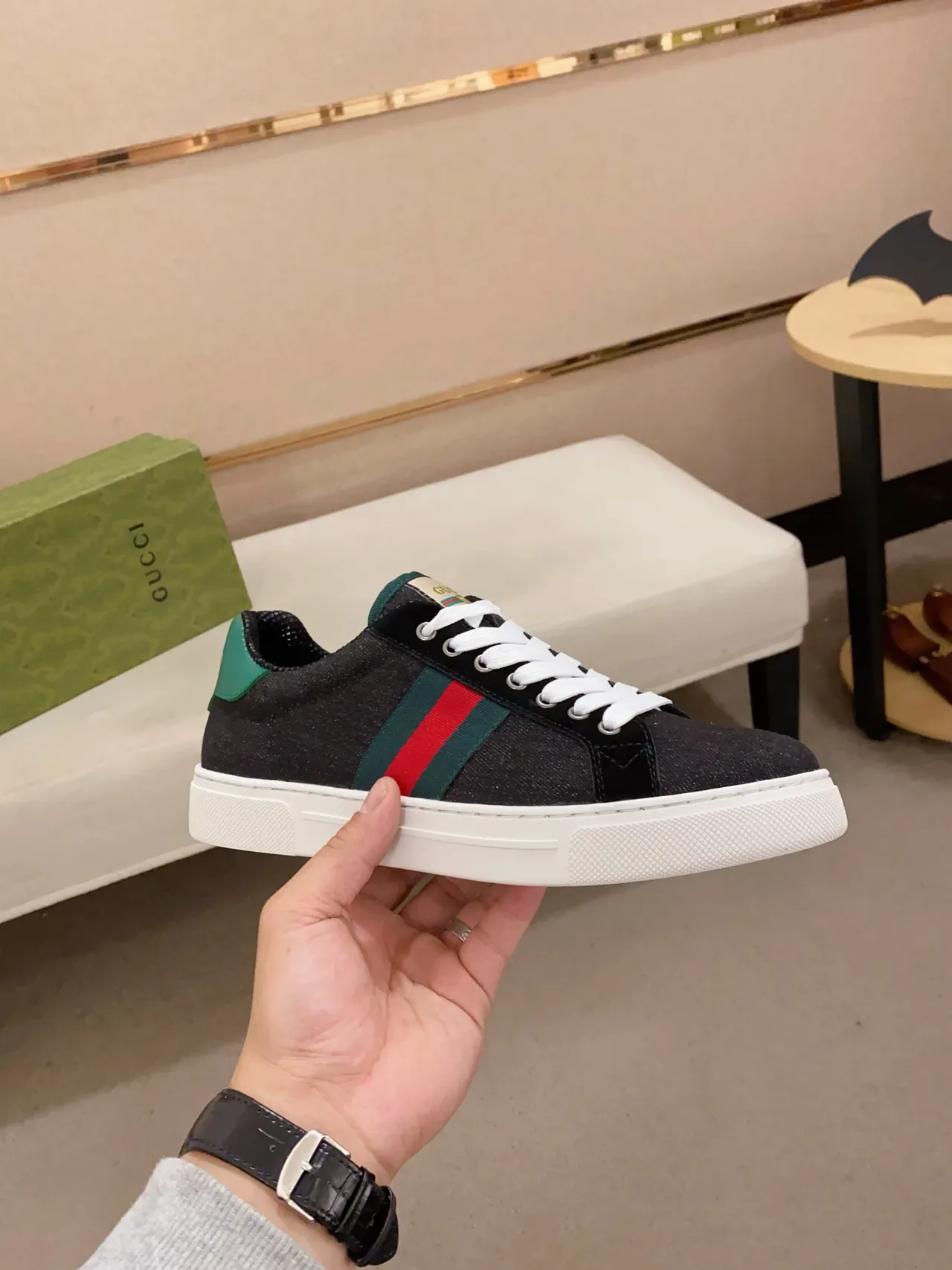 Gucci Noir Vert Baskets Lifestyle Bout Bas Texturées en Denim 4