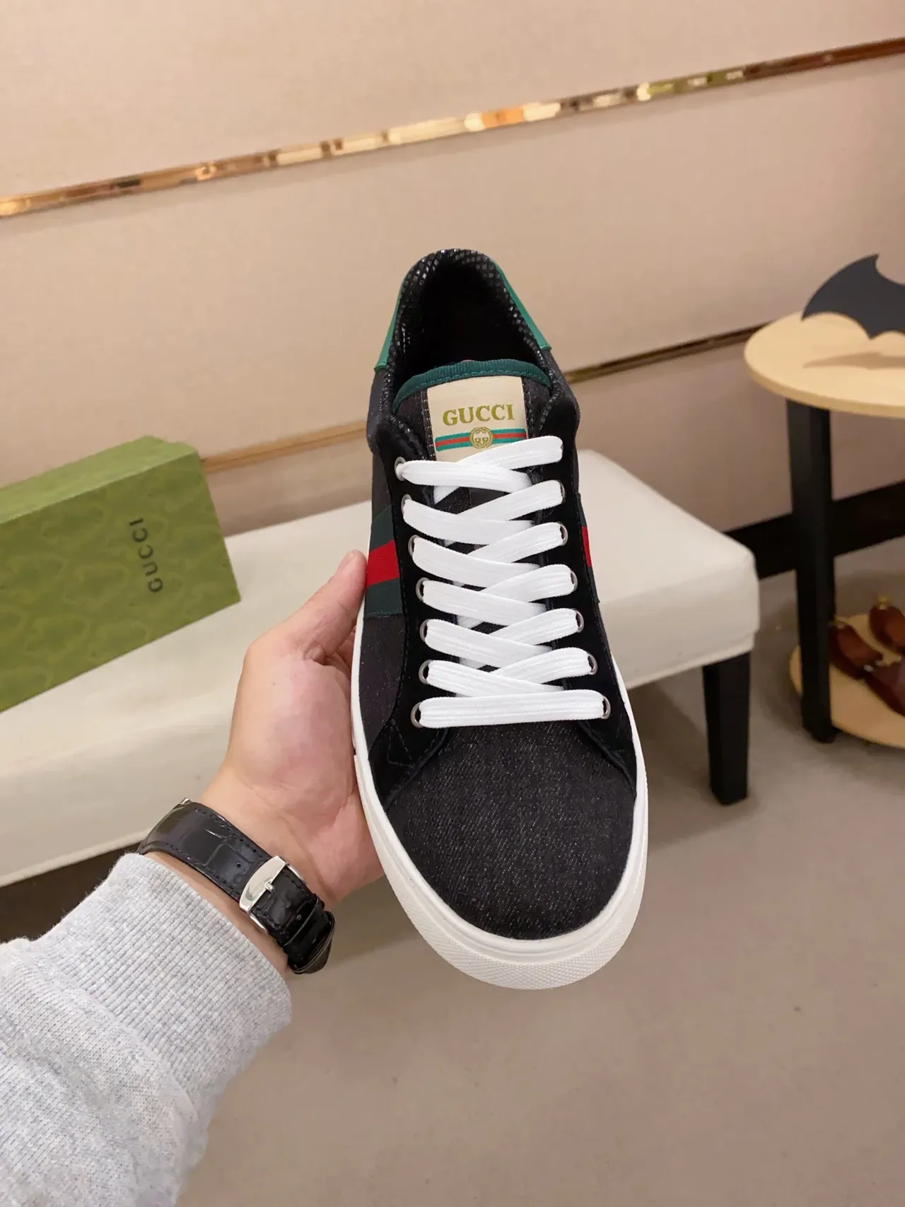 Gucci Noir Vert Baskets Lifestyle Bout Bas Texturées en Denim 5