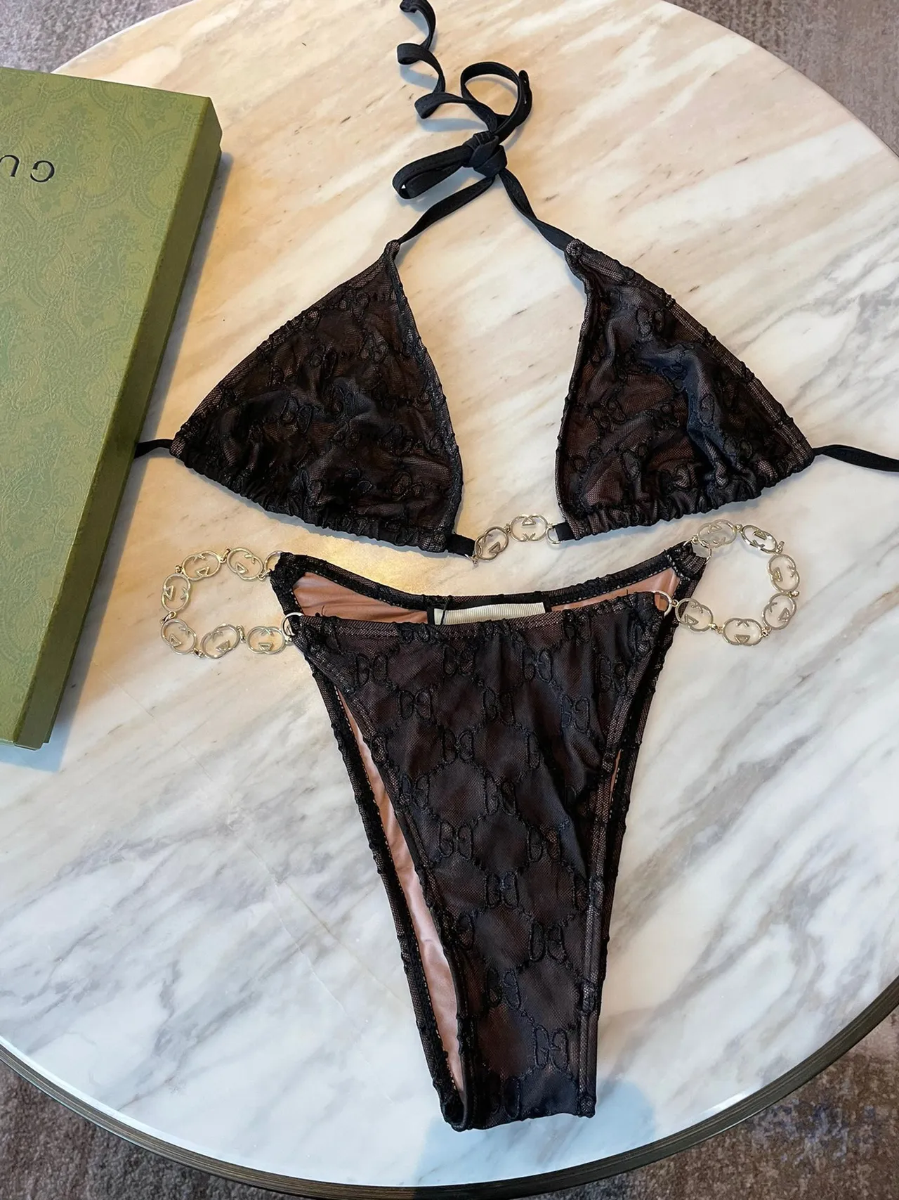Gucci কালো লেস চেইন-বিকিনি সুইমওয়্যার 6