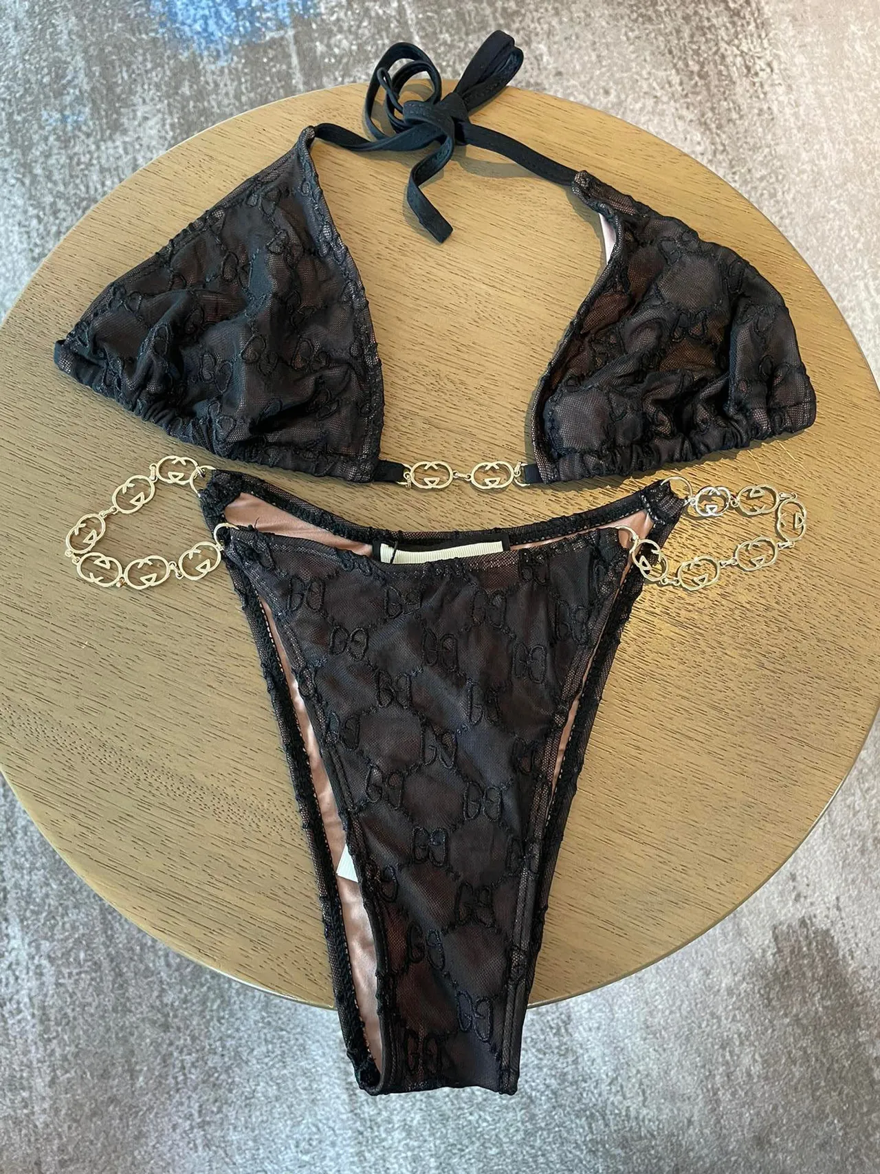 Gucci কালো লেস চেইন-বিকিনি সুইমওয়্যার 7